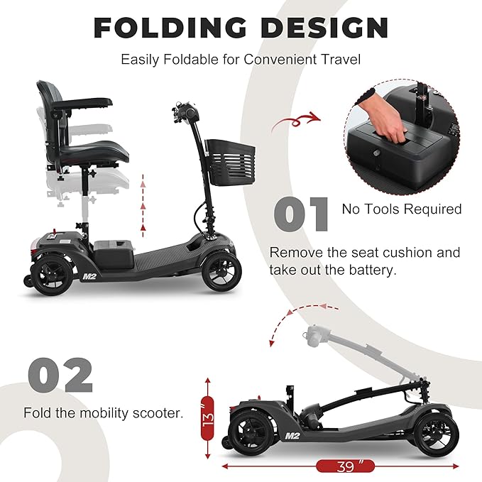 Metro Mobility 4 Wheel Powered Mobility Scooters, 330 lbs Capacity Mobility Scooters for Adults, Folding Mobility Scooter Lightweight, Electric Scooters for Seniors 15 Miles Range LED Light Black