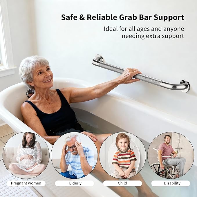 Polished Chrome Grab Bar 32 Inch, iHansee Anti-Slip Bathroom Grab Bar w/Knurled Grip, Stainless Steel Safety Handrail for Toilet Bathtub, Wall Mounted Shower Handle Handicap Bars for Senior Elderly