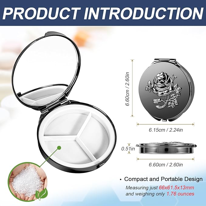 Portable Metal Pill Case with Mirro, Featuring 3 Compartments—Perfect for Travel. BPA-Free. (S-Black, Small)
