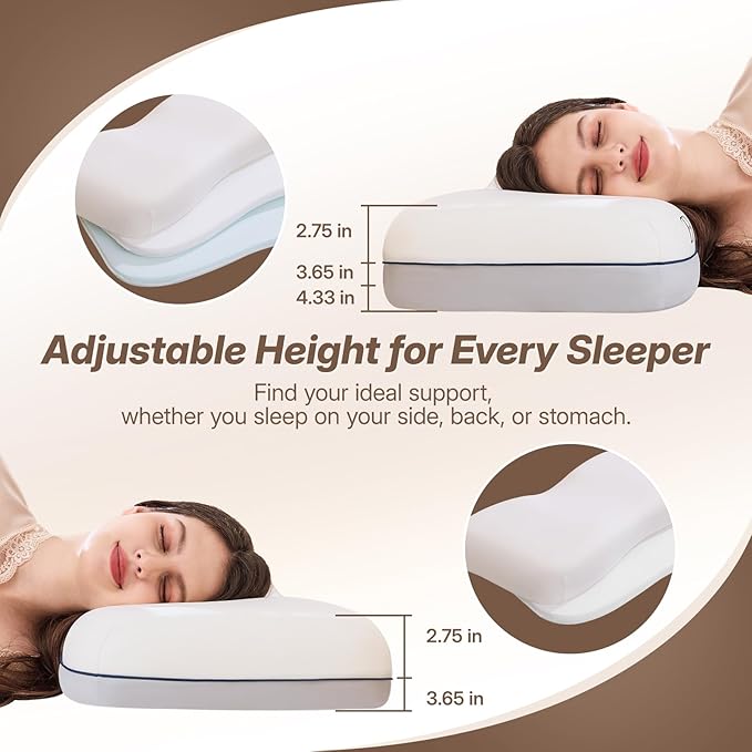 Cervical Neck Pillow for Neck & Shoulder Support, Adjustable Memory Foam Pillow with Customizable Height and Firmness, Ergonomic Pillow for Side, Back，Stomach and Combination Sleepers