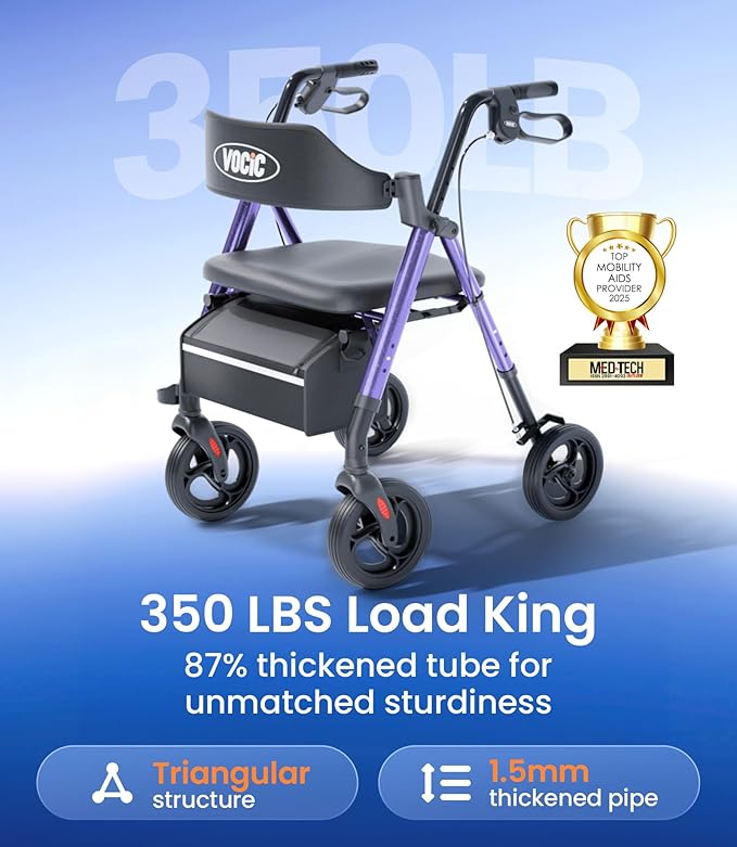 VOCIC Walkers for Seniors, Z21 Rollator Walker with Seat Supports 350lb, 8" Big Wheels for All Terrain, Ergonomic Arc Seat & 6" Ultra Backrest Foldable Walker, Dual Height Adjustment, Lightweight 2026