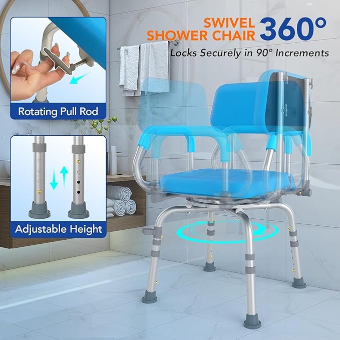 FSA/HSA Eligible 360° Swivel Shower Chair for Inside Shower, Adjustable Shower Seat with Pivoting Arm Bath Seat for Bathtub, Handicap Bathtub Chair for Senior Elderly Disabled, 4Level Height