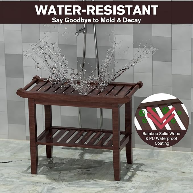 24 in Bamboo Shower Bench for Inside Shower to Sit on,Waterproof Shower Stool for Shaving Legs,Spa Bathroom Shower Chair with Storage Shelf, Bathroom Bench Seat for Senior Adult Disabled Elderly