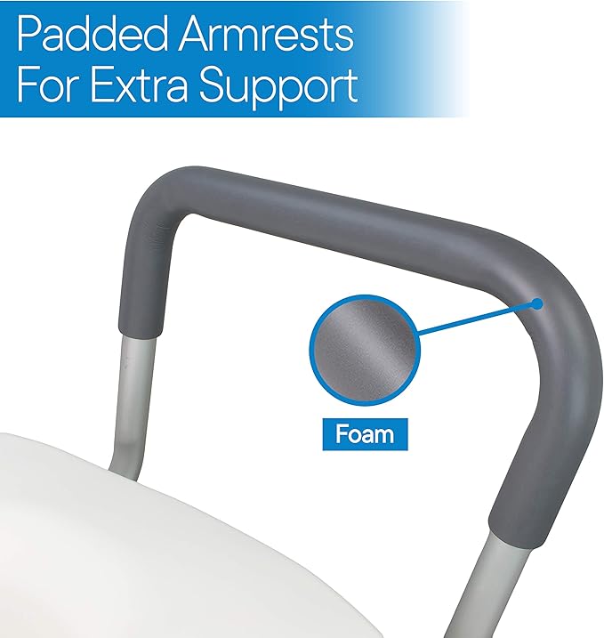 RMS Raised Toilet Seat - 5 Inch Elevated Riser with Adjustable Padded Arms - Toilet Safety Seat for Elongated or Standard Commode