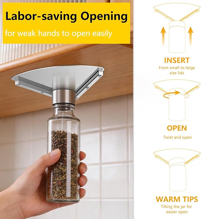 GeeRic Under Cabinet Jar Opener for Seniors, Upgraded Stainless Steel Jar Openers for Weak Hands, Space-Saving Easy Mount One Handed Kitchen Can & Bottle Opener