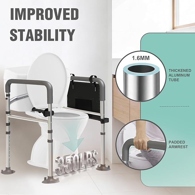 Adjustable Toilet Safety Frame with Handles - Foldable Bathroom Grab Bar for Elderly & Disabled, 350 lbs Capacity, Fits Any Toilet (Includes Tissue Holder & Storage Bag)