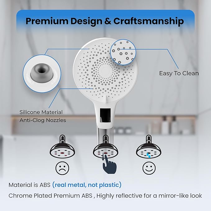 High Pressure Shower Head with Stainless Hose & Adjustable Bracket - 3-mode Handheld ShowerHead- Removable & Adjustable Overhead Spray,(Shower Head+hose+holder, Chrome)