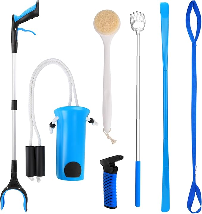 CAidRE 7PC Hip Kit, Hip Kit for Seniors Total Hip Replacement Prime, Mobility Aids with Reacher Grabber,Shoe Horn,Sock Aid,Leg Lifter,Shower Brush,Back Scratcher,Car Handle Assist for Surgery Recovery