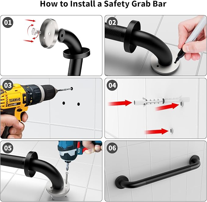 Shower Grab Bar 20 Inch, iHansee Matte Black Bathroom Grab Bar w/Anti-Slip Knurled Grip, Stainless Steel Bath Safety Bars Support Handrail for Senior Elderly, Toilet Bathtub Balance Handle for Wall