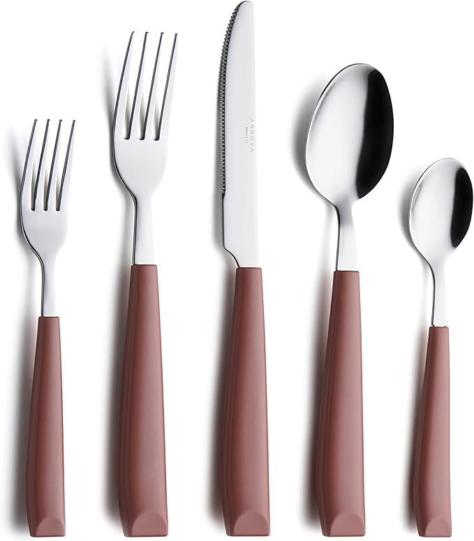ANNOVA Silverware Set Stainless Steel Colorful Handle Tableware Kitchen Flatware Set Utensils, Includes Dinner Knives, Forks, Spoons & Dessert Spoons (Brown, 16 Pieces)