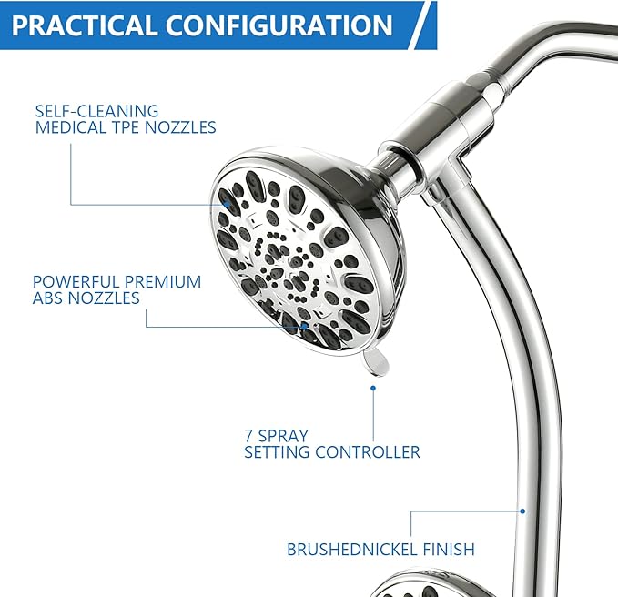 High Pressure 48-Settings Shower Head with Handheld Shower,Drill-Free 3-Way Diverter for Easy Reach,Adjustable Height Slide Bar Dual Shower Head Combo Set - Chrome