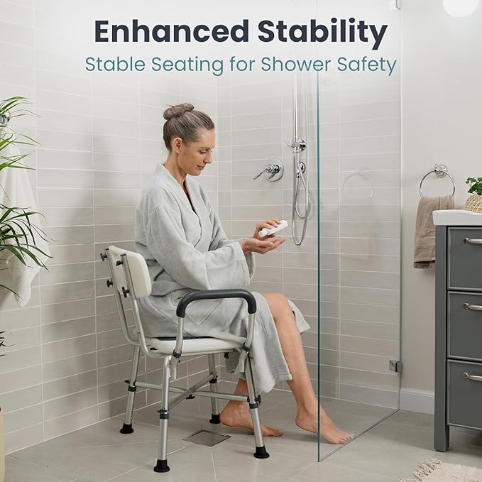Shower Chair (450lb) with Padded Armrests and Back, Showers Chair for Elderly and Disabled, Adjustable Height Shower Seat, Heavy Duty Shower Chairs for Inside Shower, Handicap - Grey