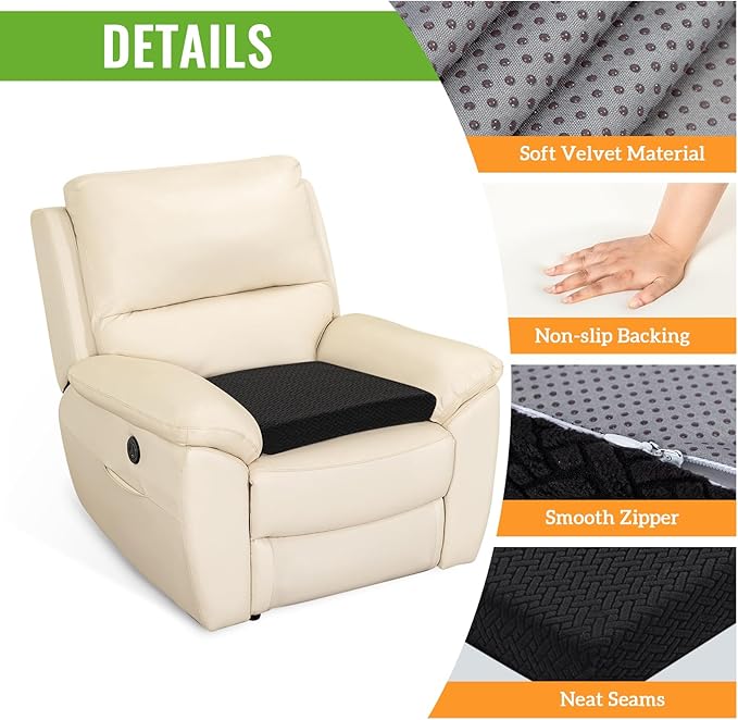 Recliner Cushions for Long Sitting Foam Seat Cushion Soft Tufted Layer for Elderly Seniors, Recliner Chair, Floor Pillow, Office Chair, Car, No Pressure on Thighs, 20X20X3 Inch - Knitted Black