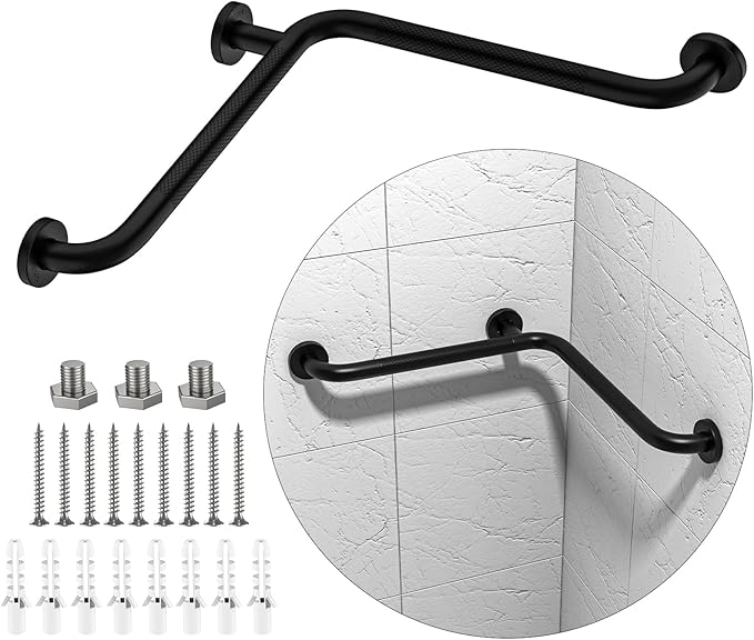 Shower Grab Bar Munzong Anti Slip Bathroom Grab Bar, 16 Inch Angled L-Shaped Knurled Balance Bar, Black Safety Hand Rail Support Handicap Assist Bath Handle Elderly Injury Senior