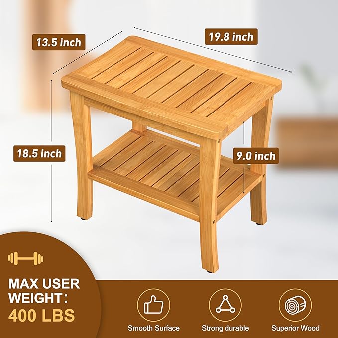 Large Bamboo Shower Bench Stool with Storage Shelf Waterproof Shower Chair Spa Bath Seat Shower Stool for Inside Shower Bathroom Bench Seat for Adults Elderly Seniors Bathroom Gadget 2024
