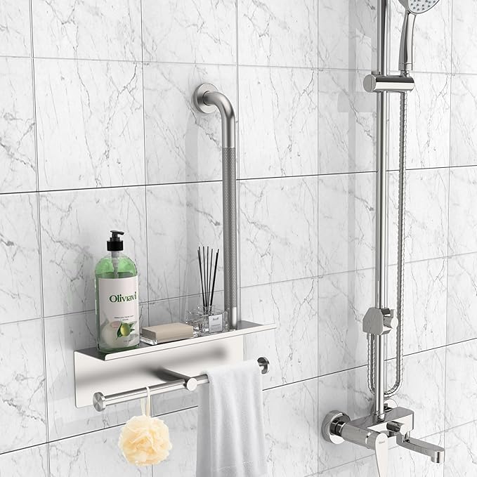 Bathroom Grab Bar with Shower Shelves,Munzong Toilet Paper Holder 3 in 1 Bathroom Organizers and Storage, Anti Slip Stainless Steel Safety Hand Rail for Handicap Elderly Senior Assist