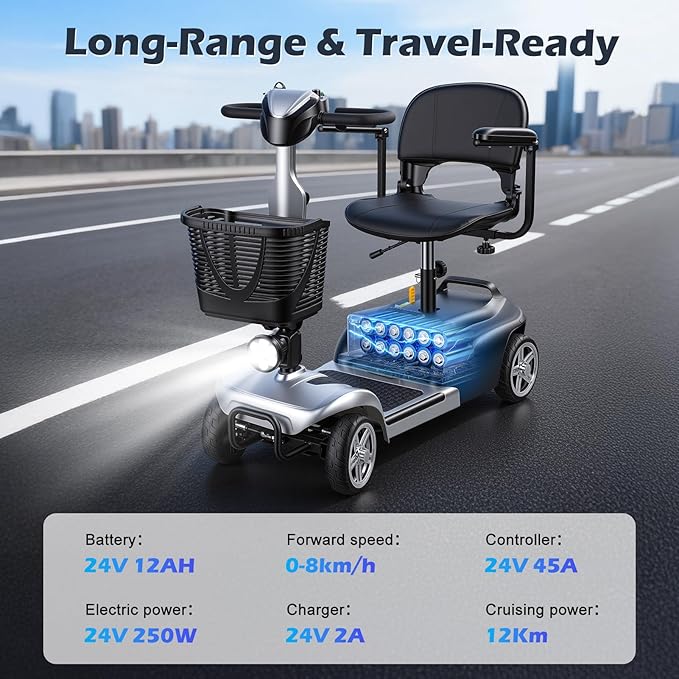 4-Wheel Foldable Electric Scooter for Adults | Long Range Mobility Scooter with Basket, Charger & Compact Heavy Duty Mobile for Travel with 330lb Capacity, Outdoor Use (Silver)