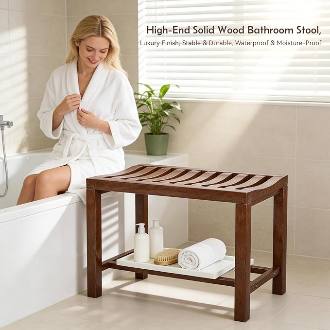 Rubber Wood Shower Bench, Non-Slip Waterproof Wooden Shower Stool for Adults & Elderly, Sturdy Bath Seat for Inside Shower or Tub – 24.02" D x 14.96" H x 6.3" W