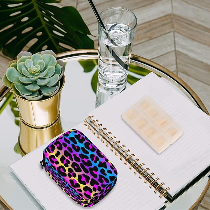 Rainbow Leopard Cheetah Skin Pill Organizer - 7 Day Weekly Medicine Box, Compact Size, Vitamin Container, Portable Pill Holder Bag with Zipper