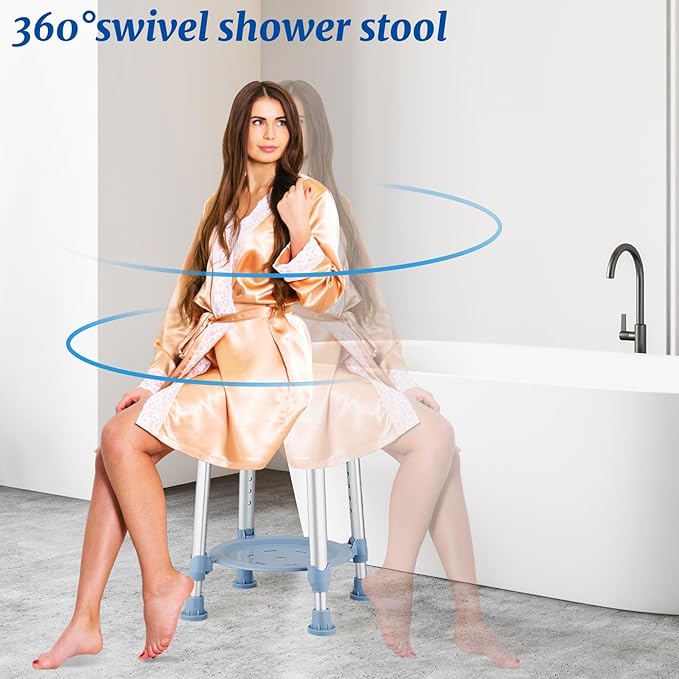 Shower Stool Chair for Inside Shower, Upgrade Small Corner Plastic Stool for Seniors Adult, 360° Swivel Shower Seat Stool for Bathroom, 6-Level Adjustable Height Bath Chair with Shelf