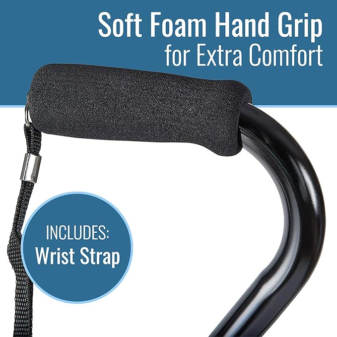DMI Walking Cane and Walking Stick for Adult Men and Women, FSA Eligible, Lightweight and Adjustable from 30-39 Inches, Supports up to 250 Pounds with Ergonomic Hand Grip and Wrist Strap, Black