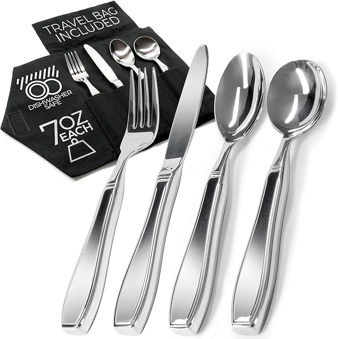 Weighted Utensils for Hand Tremors and Parkinson's Patients - 4 Piece Set Weighted Silverware for Elderly, Arthritis, Weak Hand Grip - Convenient Travel Bag, Stainless Steel, 7 Oz