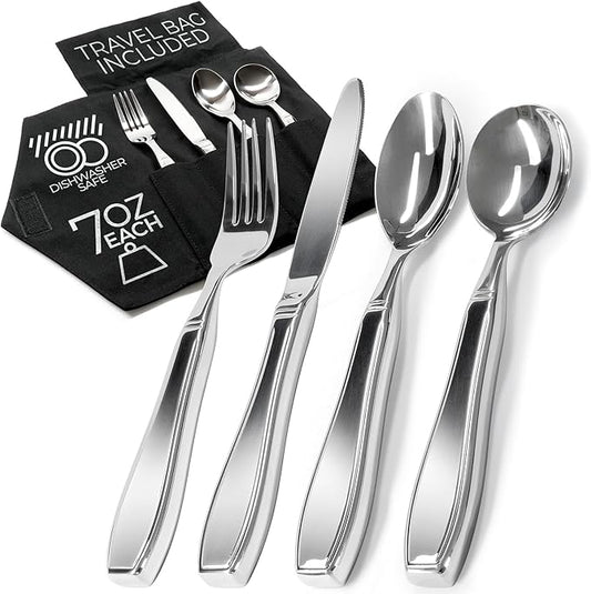 Weighted Utensils for Hand Tremors and Parkinson's Patients - 4 Piece Set Weighted Silverware for Elderly, Arthritis, Weak Hand Grip - Convenient Travel Bag, Stainless Steel, 7 Oz