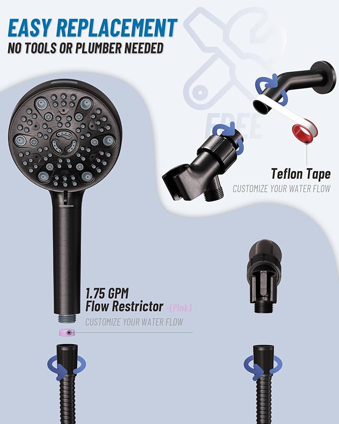 Filtered Handheld Shower Head for Hard Water, High Pressure Showerhead with 7 Spray Modes, Power Jet & Pause, Detachable & Adjustable for Healthier Skin & Hair - Brushed Nickel (VMASSTONE HM-003)