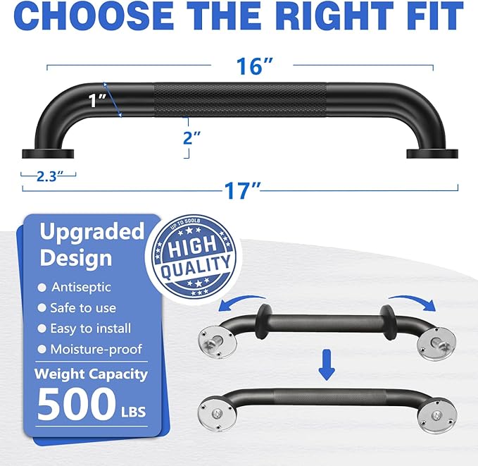 Safety Grab Bars for Bathroom and Shower, 16 Inch Non-Slip Stainless Steel Handrail for Toilet, Bathtub, Stairs & RV, Indoor Outdoor Support Bar, 500 lbs Capacity (2 Pack)