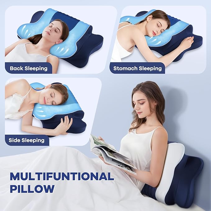 Cervical Neck Pillow for Pain Relief,Cervical Pillow with Memory Foam Ergonomic Pillows with Dual Heights for Back,Stomach and Side Sleepers Kids' Floor Pillows Cushions (Dark Blue, Standard 27"×16")