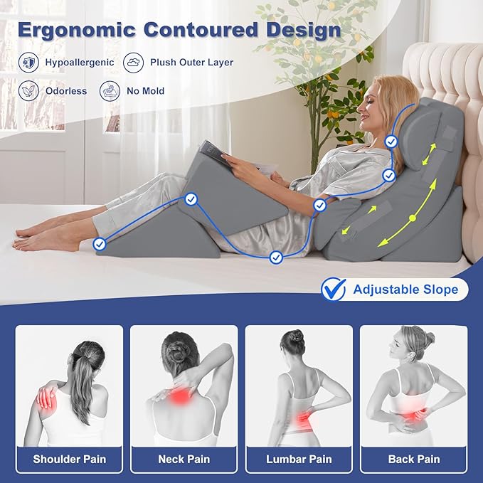 WSOFRLAC 6PCS Multi-Functional Bed Wedge Pillow Kit - 7-in-1 Orthopedic Support for Back/Neck/Legs, Post Surgery Recovery & Sitting Up in Bed, Post Surgery Foam for Body, Grey