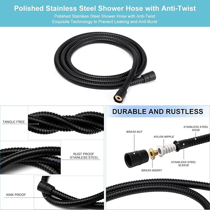 High Pressure 8-mode Handheld Shower Head with On Off Switch and Long Hose & Bracket PLUS Extra Adhesive Holder for Lower Mount,Built-in Power Wash to Clean Tub,Tile & Pets,Black