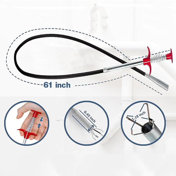 Drain Snake Hair Drain Clog Remover, 61 Inch Shower Snake Sink Unclogger Tool for Home Sink, Bathroom Tub,Drain, Toilet, Tight Spaces
