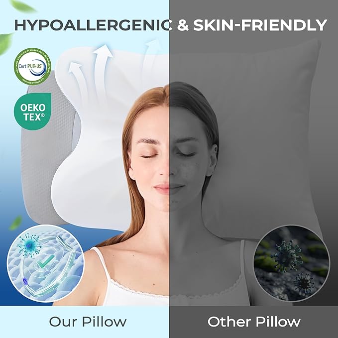 BDEUS Cervical Pillow for Side Sleepers, Neck Pillow for Sleeping, Memory Foam Ergonomic Pillow for Neck Pain Relief, Butterfly Contour with Arm Grooves, Dual Height Cooling Washable Cover, White