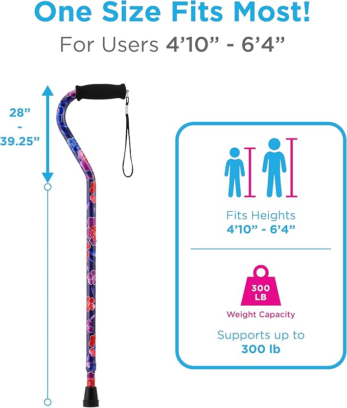 NOVA Offset Walking Cane for Seniors, Men & Women – Lightweight Adjustable Walking Cane with Soft Foam Grip, Wrist Strap, Anti-Rattle Lock & Non-Slip Tip – Stylish Mobility Aid