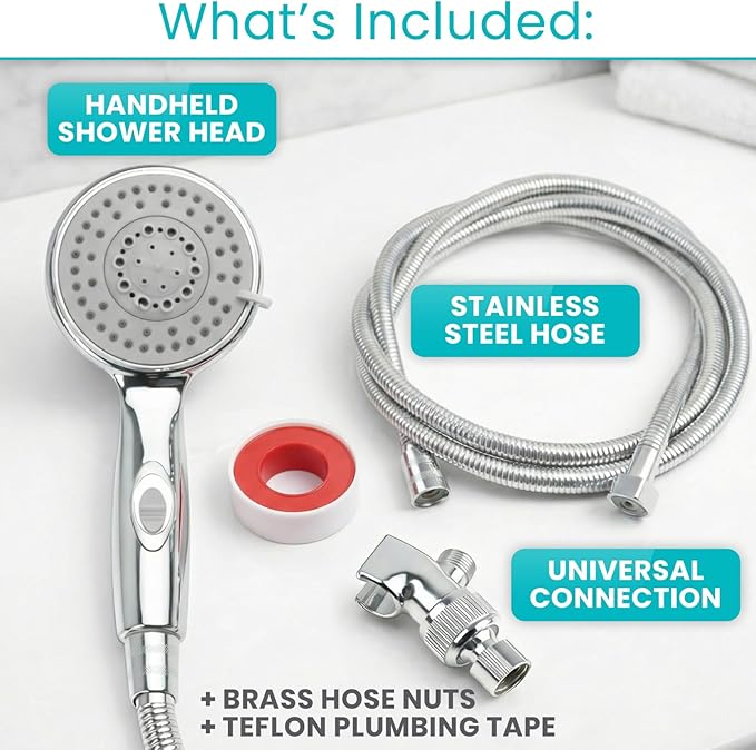 Vive High Pressure Handheld Shower Head - Hand Held Showerhead with 6.5 ft Extra Long Hose, Detachable Showerhead, Multi-Setting Spray Combo for Bathroom, Pet Bathing, Stainless Steel Hose, Chrome