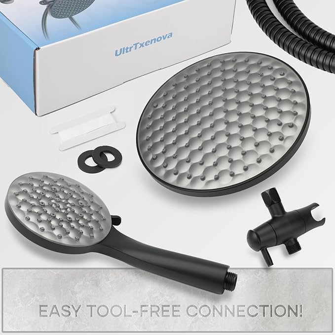 dual shower head with handheld combo,8.6 inch Rainfall showerhead,6 settings hand held shower heads with hose (Matte Black)