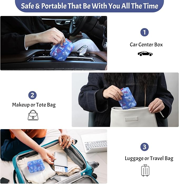 Foldable & Portable Weekly Pill Organizer 2 Times a Day with Clear Printed Labels - 7 Day AM PM Medicine Box, Week Daily Travel Pill Case Holder for Medications, Vitamin, Supplement - Clear Blue