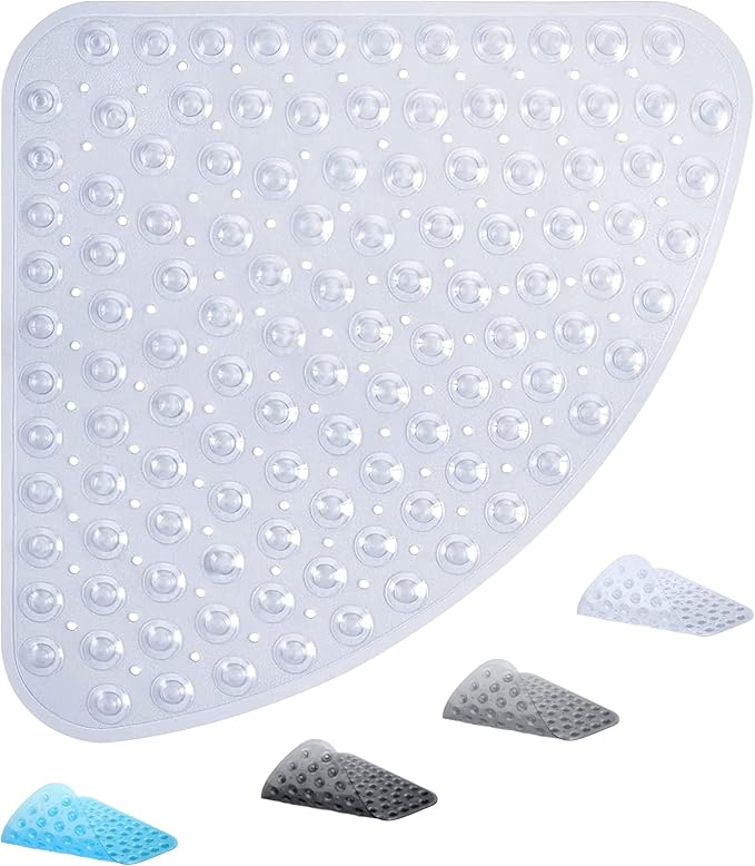 ADOV Corner Shower Mat Non Slip, 21x21 inch Curved Shower Mats for Inside Shower, Anti-Slip Bath Mat with Strong Suction Cup, Drain Holes, Machine Washable, Ideal for the Elderly (Clear)