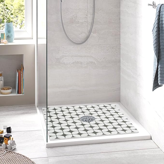 Square Shower Mat Non Slip: 24 x 24 Inch Extra Large Shower Mats with Drain Hole in Middle - PVC Loofah Anti Slip Shower Floor Matt for Inside Shower