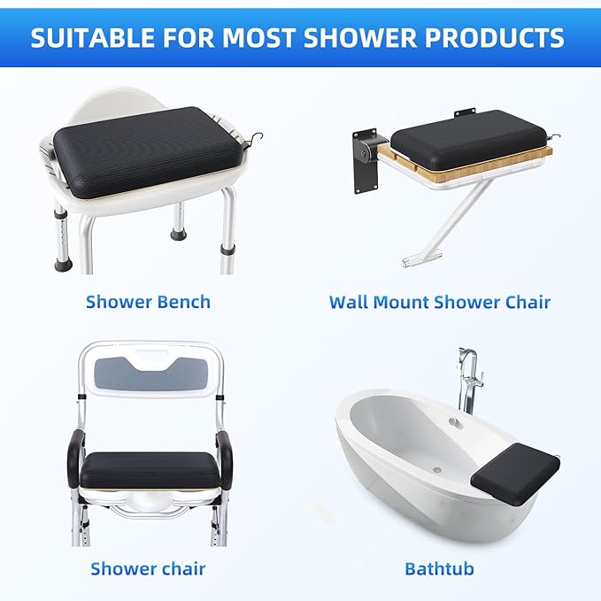 Shower Seat Cushion with Non-Slip Silicone Bottom, Bathtub Cushion for Transfer Benches,Washable 3D Mesh Bathtub Seat Cushion Mat with Hook,Quick Drying Bathtub Chair Pad for Elderly (Black)
