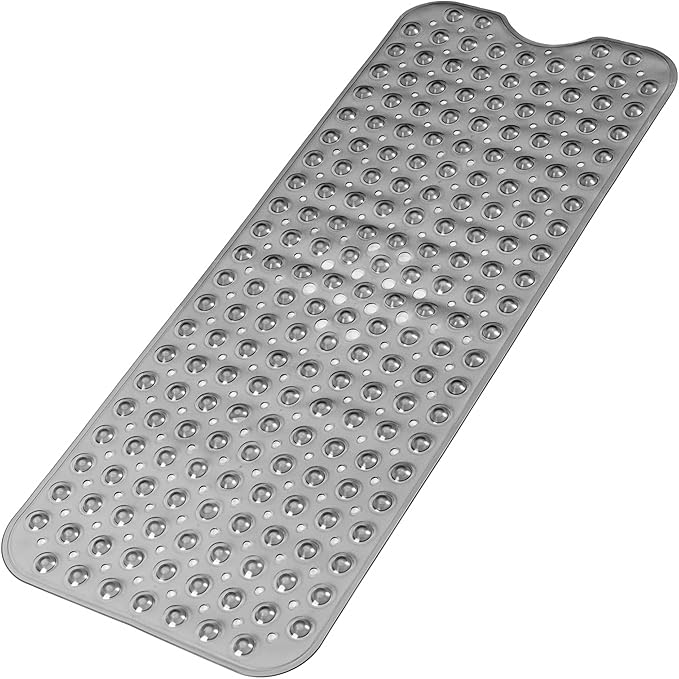 Bathtub and Shower Mats, Extra Long Non-Slip Bath Mat 39 x 16 Inch, Machine Washable Bath Tub Mat with Suction Cups & Drain Holes for Bathroom, Clear Grey