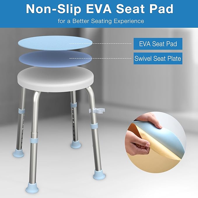 WHLICKS Swivel Shower Stool for Inside Shower, 360° Rotating Stool with Non-Slip Seat Pad, Adjustable Shower Chair for Seniors with 6 Height Levels, Lightweight Seat Up to 300 lbs, Tool-Free Assembly