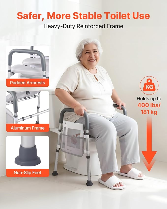 VEVOR Raised Toilet Seat with Arms, 400 lbs Load Capacity, Adjustable Height and Width, Commode Cushion Padded Elevated Toilet Seat Riser with Handles for Seniors, Elderly, Handicap, Disabled, Adults