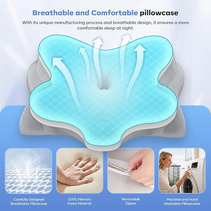 Cervical Neck Pillow, Ergonomic Memory Foam Pillows with Breathable Pillowcase, Adjustable Contour Neck Support Pillow for All Positions