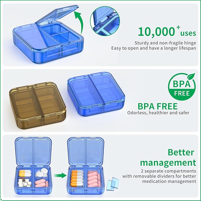 Small Pill Box,4 Compartments Travel Pill Case, Portable Pill Organizer,Mini Pill Container for Pocket,Daily Compact Travel Medicine Holder for Vitamins Fish Oil and Supplement Storage(Blue+Black)