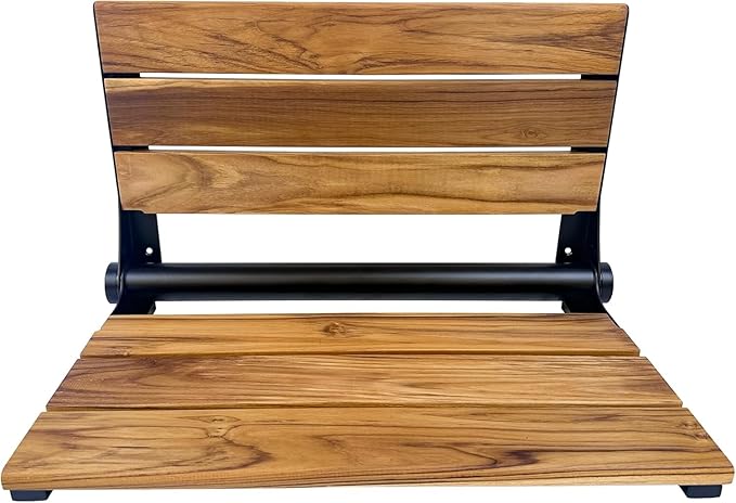 Teak Shower Seat Bench with Back - Wall Mounted Fold Up Shower Seat, Waterproof Folding Teak Bath Chair for Seniors, 304 Stainless Steel Frame, with 300 lbs Capacity - 18" Length, Matte Black