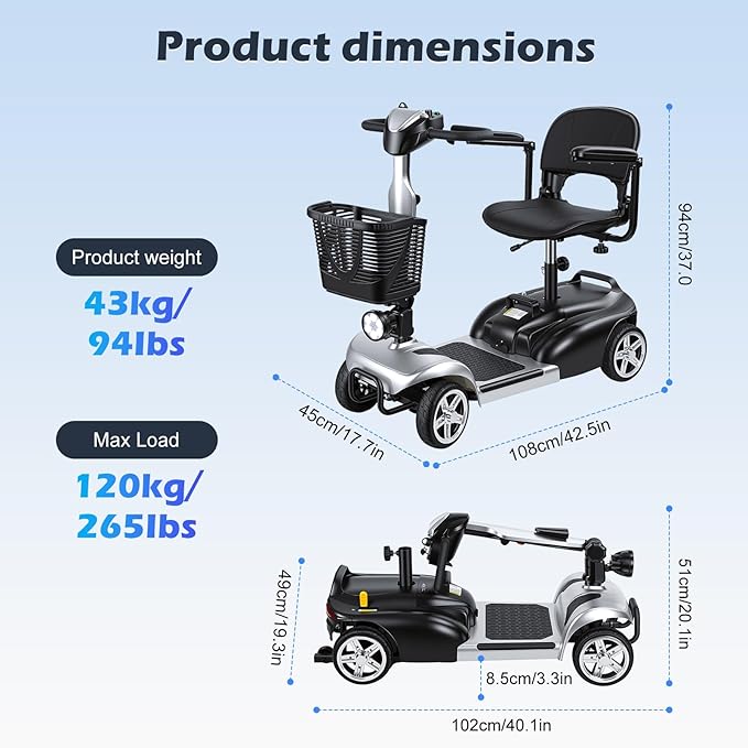 4-Wheel Foldable Electric Scooter for Adults | Long Range Mobility Scooter with Basket, Charger & Compact Heavy Duty Mobile for Travel with 330lb Capacity, Outdoor Use (Silver)
