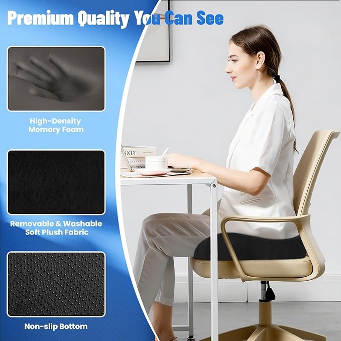Wheelchair Seat Cushion, Premium Memory Foam Office Chair Cushion, Supportive Donut Pillow for Sciatica, Tailbone & Back Relief, Ergonomic Long Sitting Chair Pad for Car, Airplane, Black