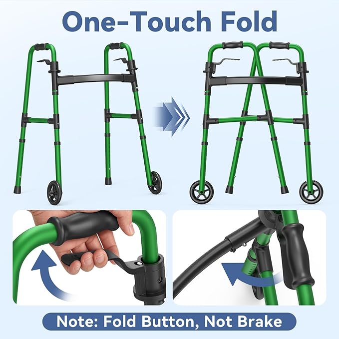 Loyoda Folding Walker with 2 Skis and 5" Wheels, Lightweight Walkers for Seniors and Adults, Supports Up to 350 Pounds, Adjustable Height, Compact Standard Walker, Green